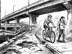 Locals say dust, damaged patches and unsafe crossings make pedestrian movement difficult along the high-speed Gurugram corridor. (HT)