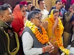 Punjab governor Gulab Chand Kataria offers prayers at Kali Devi Temple in Patiala on Monday. (PTI)
