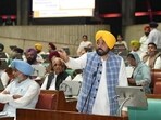Punjab chief minister Bhagwant Mann addresses the state assembly during a debate on the motion of thanks to the governor’s address.