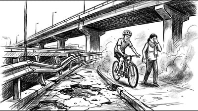 Locals say dust, damaged patches and unsafe crossings make pedestrian movement difficult along the high-speed Gurugram corridor. (HT) Locals say dust, damaged patches and unsafe crossings make pedestrian movement difficult along the high-speed Gurugram corridor. (HT)