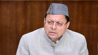 Uttarakhand chief minister Pushkar Singh Dhami addresses a press conference on the state budget for the financial year 2026–27.