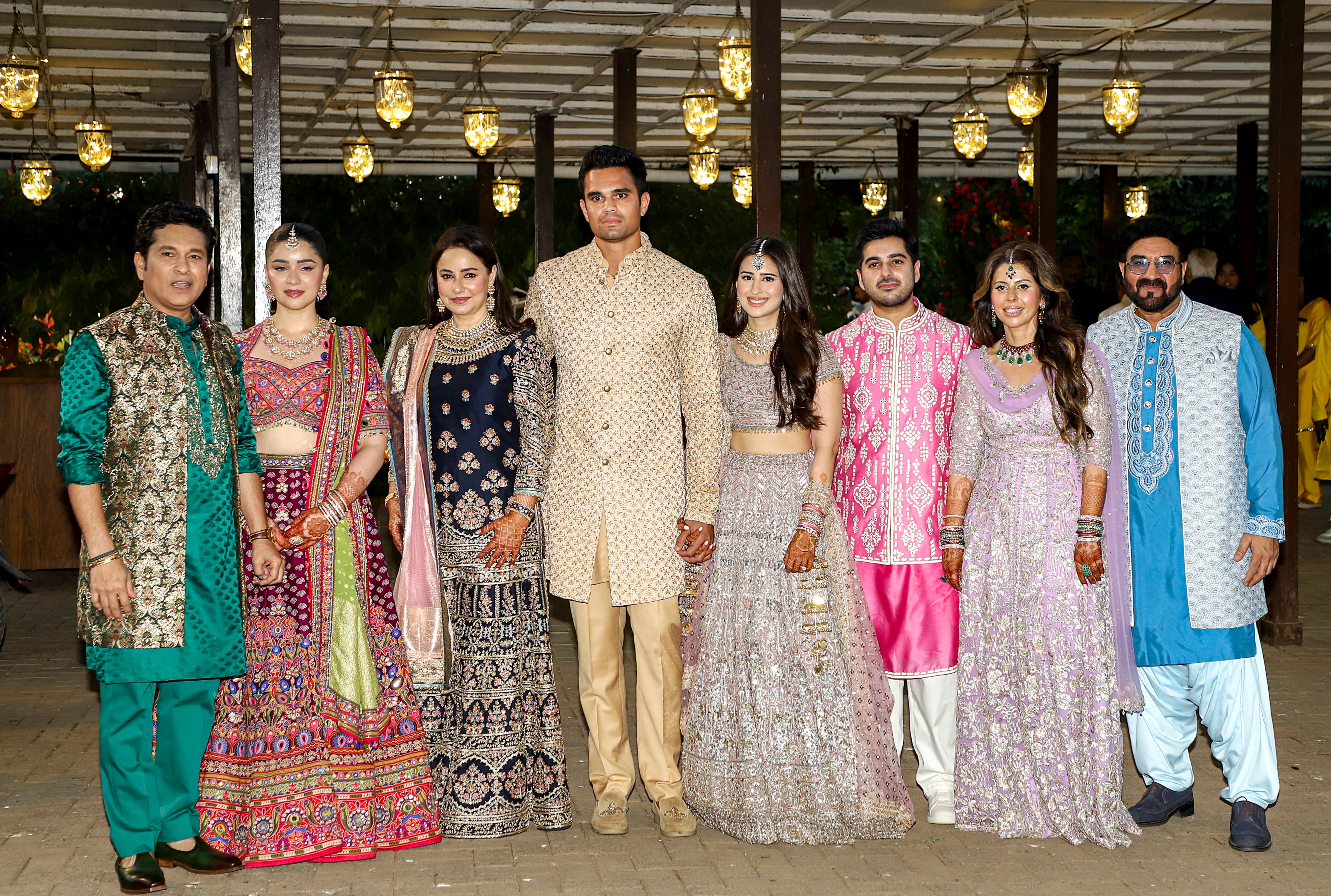Arjun Tendulkar and Saaniya Chandhok, center, during their mehendi ceremony, in Mumbai, Tuesday, on March 3, 2026. Cricketer Sachin Tendulkar, left, his wife Anjali Tendulkar, third left, daughter Sara Tendulkar, second left, and Saaniya's family are also seen. (PTI) Arjun Tendulkar and Saaniya Chandhok, center, during their mehendi ceremony, in Mumbai, Tuesday, on March 3, 2026. Cricketer Sachin Tendulkar, left, his wife Anjali Tendulkar, third left, daughter Sara Tendulkar, second left, and Saaniya's family are also seen. (PTI)