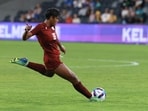 India's Manisha Kalyan fires a shot into the net to score during the AFC Women's Asian Cup Australia 2026 football match between India and Taiwan