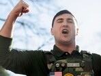 Jake Lang, conservative activist and Republican US Senate candidate for Florida, speaks outside of Gracie Mansion in New York, US.