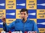 Delhi AAP chief Saurabh Bharadwaj addresses a press conference at the party headquarters in New Delhi.