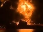 Screenshot of video shows ship on fire after alleged Iranian attack.