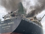 This image released by the Royal Thai Navy shows Thai cargo ship, Mayuree Naree, that was struck and set ablaze in the Strait of Hormuz.