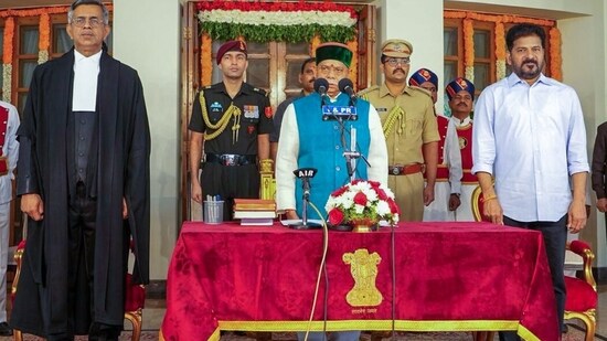 The newly appointed Telangana Governor Shiv Pratap Shukla at the swearing-in ceremony at Lok Bhavan, Hyderabad, on Wednesday (ANI)