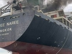 Thai cargo ship, Mayuree Naree, that was struck and set ablaze in the Strait of Hormuz Wednesday, March 11, 2026. 