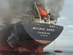 Smoke rising from the Thai bulk carrier 'Mayuree Naree' near the Strait of Hormuz after an attack.