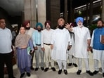 Leader of opposition Partap Singh Bajwa, along with Sukhpal Singh Khaira and other Congress MLAs, raising slogans against the government at the Punjab Vidhan Sabha in Chandigarh on Wednesday. (Ravi Kumar / Hindustan Times)