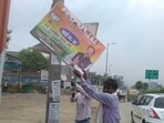 MCG officials removed illegal hoardings from 12 areas across the city.**Pic received on September 07, 2017 (Please check with Rashpal Singh for details)