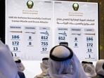 Data on the interception by the UAE air defence of Iranian attacks is displayed by the Ministry of Defence during a press briefing. AFP
