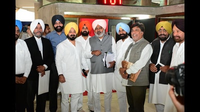 Finance minister Harpal Singh Cheema along with other AAP MLAs at Punjab Vidhan Sabha on Thursday, (Ravi Kumar/HT) Finance minister Harpal Singh Cheema along with other AAP MLAs at Punjab Vidhan Sabha on Thursday, (Ravi Kumar/HT)