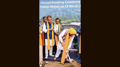 Punjab chief minister Bhagwant Mann during the ground breaking ceremony of Infosys Ltd's campus expansion in Mohali on Thursday. (ANI) Punjab chief minister Bhagwant Mann during the ground breaking ceremony of Infosys Ltd's campus expansion in Mohali on Thursday. (ANI)