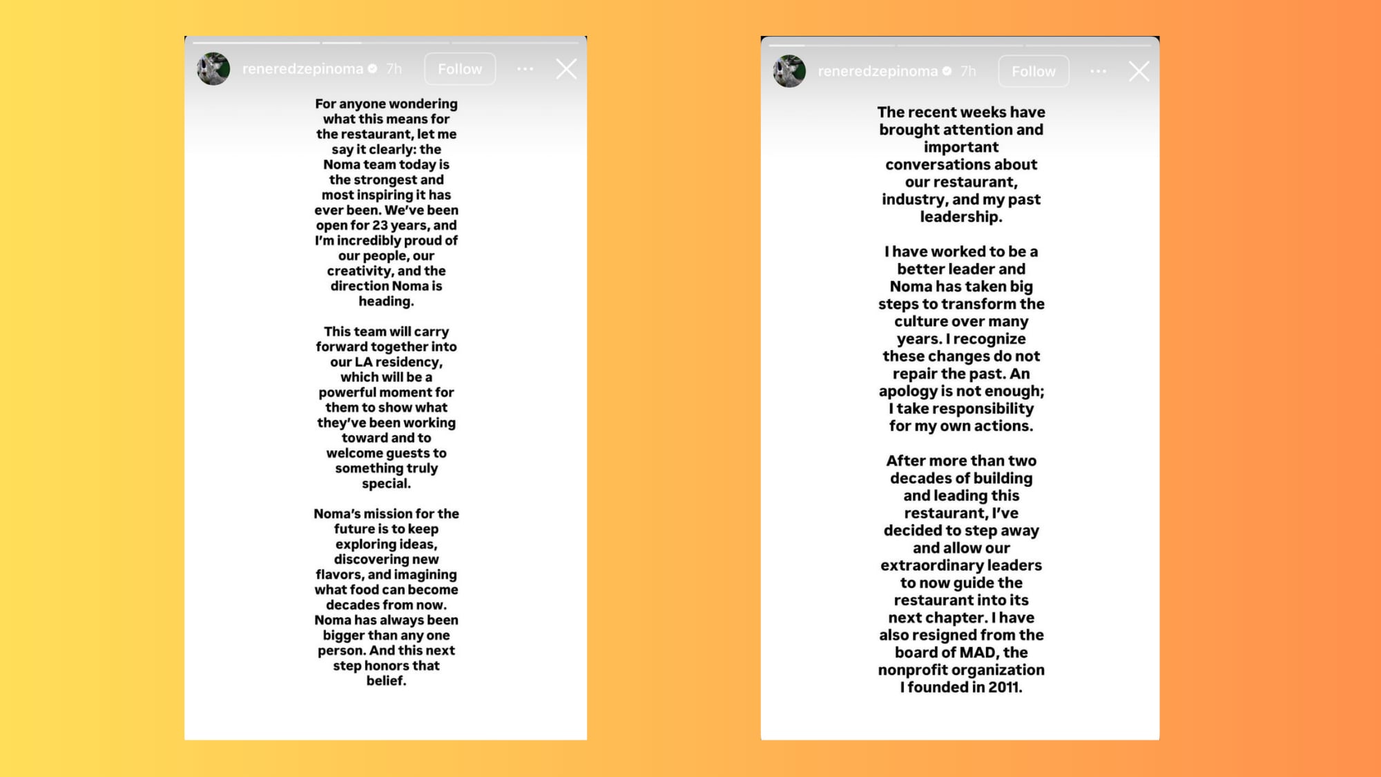 Screenshots of Redzepi's Instagram Story Screenshots of Redzepi's Instagram Story