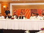 (From left) UT chief secretary H Rajesh Prasad, UT administrator Gulab Chand Kataria and mayor Saurabh Joshi during the Administrator’s Advisory Council on Thursday. (HT)