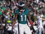 Philadelphia Eagles wide receiver A.J. Brown (11) reacts after an unsuccessful play against the Las Vegas Raiders 