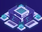 Artificial intelligence isometric icon, server room, datacenter and database concept, code repository access, programm app development vector neon dark