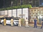 Mumbai, India - February 25, 2021: Police personnel guard outside the Antilia residence of industrialist Mukesh Ambani after explosives were found in an abandoned car in its vicinity, in Mumbai, India, Thursday, February 25, 2021. (Photo by Bhushan Koyande / HT Photo) (HT PHOTO)
