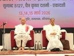 Rashtriya Swayamsevak Sangh (RSS) leaders Mohan Bhagwat and Dattatreya Hosabale at the inaugural ceremony of the national representatives’ assembly at Samalkha in Panipat district on Friday. (HT Photo)