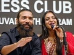 Monalisa, who went viral on social media at the Kumbh Mela, with her husband Farman Khan during a press conference, in Thiruvananthapuram, Thursday
