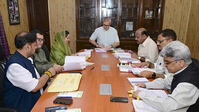 Chief minister Omar Abdullah (centre) with deputy CM Surinder Kumar Choudhary and other cabinet colleagues during a meeting in Jammu on Friday. (PTI Photo)