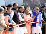 Lucknow, Defence Minister Rajnath Singh and Chief Minister Yogi Adityanath on Friday inaugurated and laid the foundation stone of multiple phases of the Green Corridor project in Lucknow. (ANI Photo)