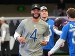 Dallas Cowboys quarterback Dak Prescott (4) during NFC practice at the NFL Flag Fieldhouse at Moscone Center South Building