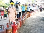 Heavy rush for LPG Gas in Sector 78 in Mohali. (HT)