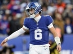 New York Giants quarterback Jaxson Dart (6) reacts after a touchdown against the Dallas Cowboys