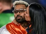 Hardik Pandya with his girlfriend Mahieka Sharma after winning the ICC Men's T20 World Cup 2026, at Narendra Modi Stadium.