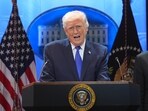 US President Donald Trump speaks during a press briefing at the White House,,