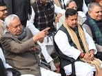 Bihar CM Nitish Kumar with and JP national president Nitin Nabin in a state event in Patna. (Santosh Kumar/HT)