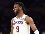 Bronny James #9 of the Los Angeles Lakers reacts against the Sacramento Kings in the second half Bronny James #9 of the Los Angeles Lakers reacts against the Sacramento Kings in the second half