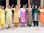Teachers protesting at Government Primary School, Lohana in Ludhiana . (HT Photo)
