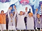 Union home minister Amit Shah with Punjab BJP president Sunil Jakhar, party national general secretary Tarun Chugh, Union minister Ravneet Singh Bittu and Rajya Sabha member Satnam Sandhu during the party’s ‘Badlav Rally’ in Moga on Saturday. (Gurpreet Singh/HT)