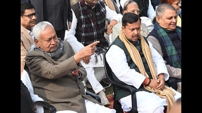 Bihar CM Nitish Kumar with and JP national president Nitin Nabin in a state event in Patna. (Santosh Kumar/HT) Bihar CM Nitish Kumar with and JP national president Nitin Nabin in a state event in Patna. (Santosh Kumar/HT)