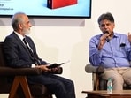Chandigarh MP Manish Tewari (right) in conversation with former Punjab chief secretary Karan Avtar Singh at the Government Art Museum auditorium in Sector 10, Chandigarh, on Sunday. (HT Photo)