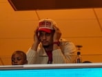 Patrick Mahomes watches the action from a suite during the third quarter at GEHA Field at Arrowhead Stadium