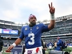 New York Giants quarterback Russell Wilson (3) waves to fans after the game against the Dallas Cowboys