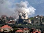 Smoke plumes rise following Israeli bombardment on the village of Khiam in southern Lebanon near the border with Israel, as seen from nearby Marjayoun.