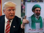 Donald Trump (L) and a poster of Iran's new Supreme Leader, Mojtaba Khamenei.