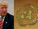 Donald Trump (L) and the UN logo displayed at the Assembly Hall of the agency's Geneva headquarters.