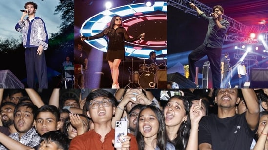 Varun Jain (left), Komal Chaudhary (centre) and Amanraj Gill (right) took over the stage at ARSD College’s fest over the three days. (Photos: Photos: Raajessh Kashyap and Shantanu Bhattacharya/ HT)