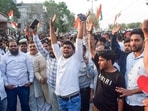 People in large numbers gather during the "Virat Aakrosh Sabha" called by the United Hindu Front over the death of Tarun (25), due to an alleged fight during Holi at Uttam Nagar, in New Delhi on Sunday.