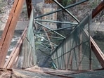 New Delhi, Mar 17 (ANI): A view of the damaged old iron bridge that collapsed and fell into the drain, causing the death of a woman, at  Roop Nagar in New Delhi on Tuesday. (ANI Photo)