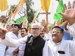 Bihar Congress president Rajesh Ram along with party workers stages a protest at Sadaqat Ashram, alleging that the ruling NDA government 'stole votes and legislators' in the recent Rajya Sabha elections, in Patna on Tuesday. (PTI)