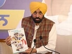 Chief minister Bhagwant Mann interacting with the media on the completion of four years of his government in Chandigarh on Monday. (Ravi Kumar/Ht)