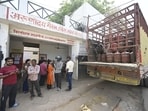 Consumers are seen without queues at Arunoday Gas Agency in Sadar. No shortage or inconvenience in obtaining LPG cylinders was reported here. (Deepak Gupta/HT Photo)